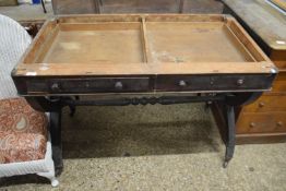 19th Century mahogany two drawer side table with X form frame, lacking top, sold for repair, 110cm
