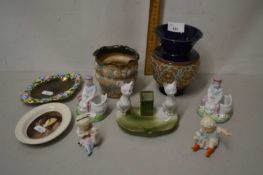 Two small Doulton stone ware vases, various small porcelain figures and other items