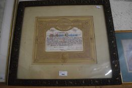 Brighton Central and West Sussex Sunday School Union Certificate dated February 1898, framed and