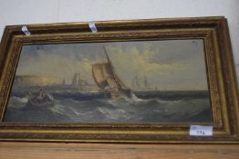 19th Century school study of ship entering harbour on rough seas, oil on canvas, apparently