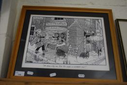 Tony Hall, comical caricature print of Cromer Crab Men, framed and glazed