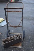 Vintage sack barrow and a metal lifting block