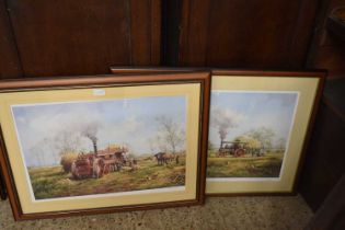 James Wright, two coloured prints threshing machines, framed and glazed