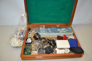 Case of various assorted costume jewellery, napkin rings and other items