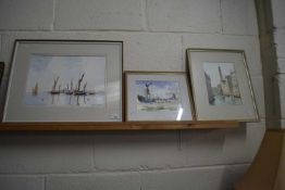 R J N Lawson, study of moored boats, watercolour, framed and glazed together with two others (3)