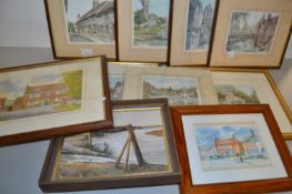 Mixed Lot: Various coloured prints, small oil on board of Blakeney, watercolour of Aylsham Market