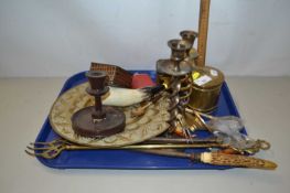Tray of various mixed items to include candlesticks, small hip flask, brass string box etc