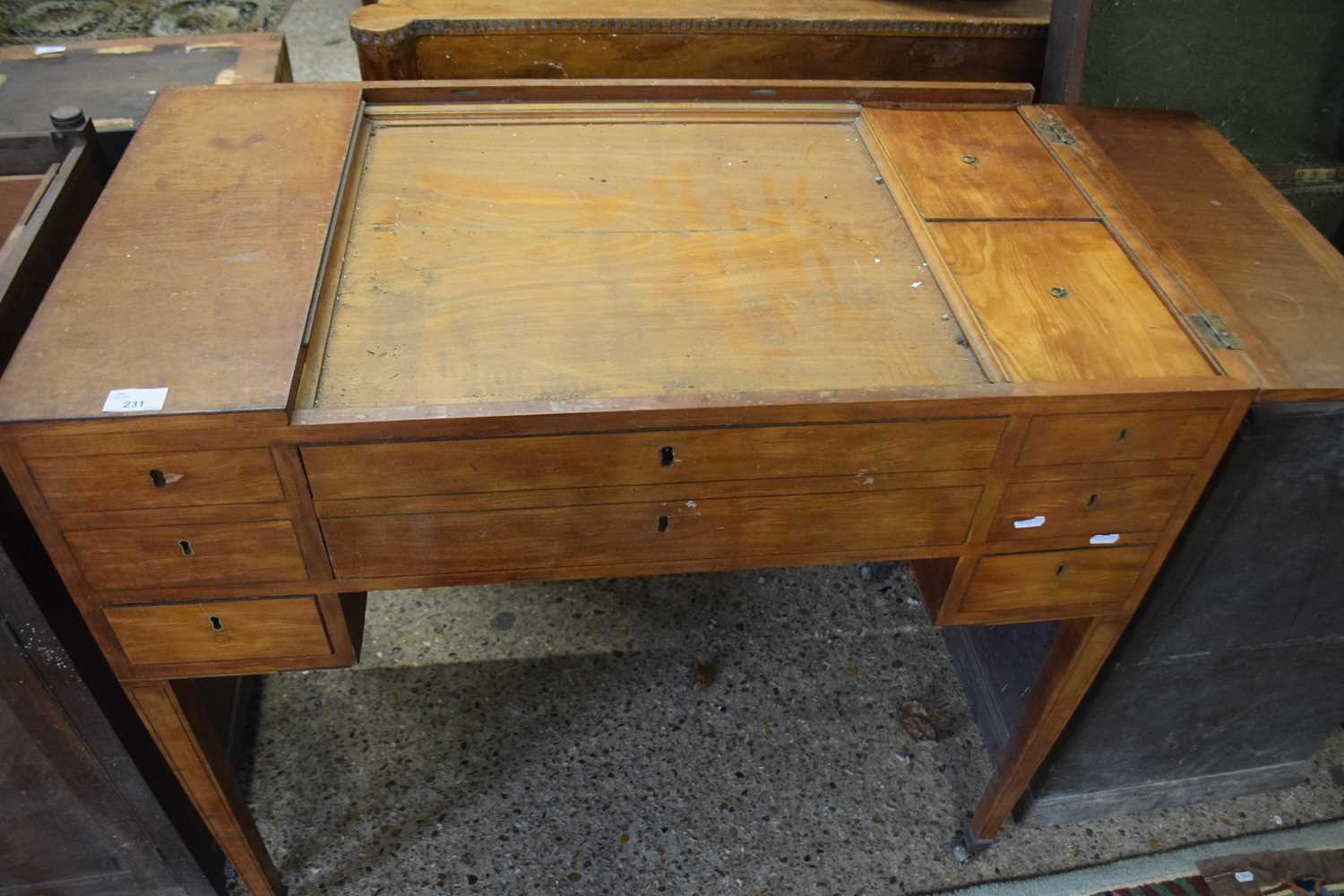 19th Century desk or dressing table with hinged side sections opening to small compartments with