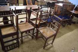 Set of ten Victorian oak framed dining chairs, four have later blue upholstered seats the rest