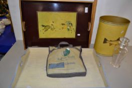 Mixed Lot: Two serving trays, a waste paper basket with fish decoration, decanter and dog drying