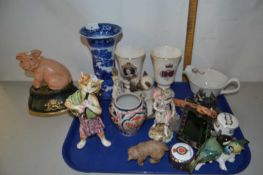 Tray of various assorted ornaments, pig shaped door stop etc