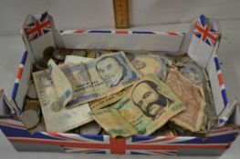 Box of mainly 20th Century European coinage and a few assorted bank notes in very worn condition