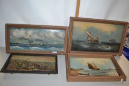 Three various oil on board studies, seascapes with boats and a further oil on canvas marked Yarmouth