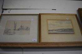 Godfrey Sayers, study of an estuary scene together with a further pencil study of a Wherry, both
