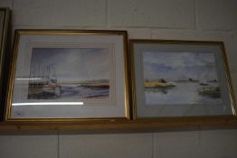 Malcolm Austin, watercolour study of a moored boat together with a further study of a Broadland