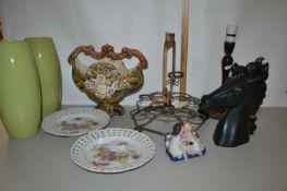 Mixed Lot: Table lamp, a porcelain table basket, a pair of pierced porcelain plates, vases etc