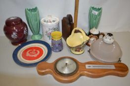 Mixed Lot: Pair of Sylvac vases, a small barometer, Great Yarmouth Pottery mug, oak book ends, glass
