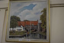 Study of cottages on a river, signed Hilary, oil on board, framed