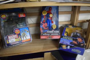 Marvel Legends Hulk figure, Marvel Spiderman figure and Space Precinct figure, all boxed