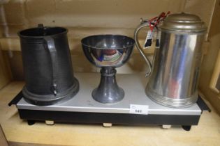 Food warmer together with a presentation pewter cup dated 1870 together with a plated goblet