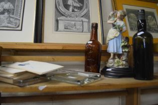 Two desk trays, quantity of correspondence cards, vintage bottles and a figure