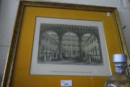 Framed architectural interest engraving depicting the Claustro del Monasterio de Lupiana