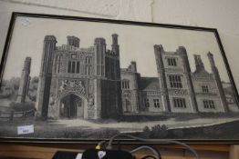 Framed engraving depicting a East Barsham Manor, Norfolk