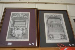 Two framed engravings of monuments featuring the monument of William The Conqueror and Richard II