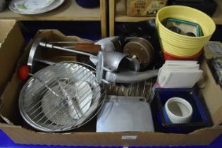 Box containing various vintage kitchen ware