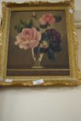 Still life of roses in a vase, oil on board in gilt frame