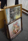 Floral still life by C Manning, framed together with a landscape by R Thomas, oil on canvas and a