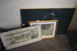 Widdicombe Fair print together with a study of hares and a study of a shark, oil on board