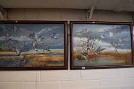 Geese in flight over the marshes by P Portas, oil on canvas, framed (2)