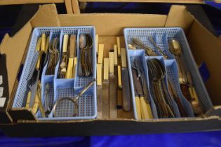 Box containing a quantity of various bone effect handled cutlery etc