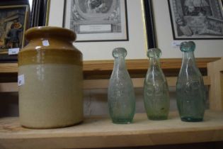 Vintage salt glazed large jar together with three vintage Steward & Patteson bottles