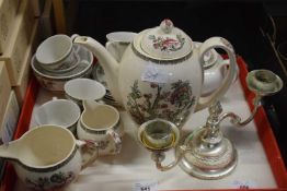 Quantity of assorted floral decorated tea wares and a two branch candelabra