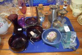 Tray of various mixed glass bowls, paperweights, small Capodimonte trinket box and other items