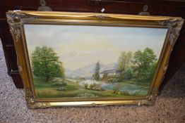Contemporary school study of a river landscape, oil on board, gilt framed