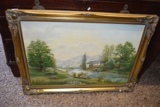 Contemporary school study of a river landscape, oil on board, gilt framed