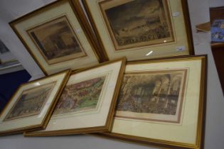 Group of five 19th Century gilt framed prints to include Bartholomew Fair, St Lukes Hospital, St