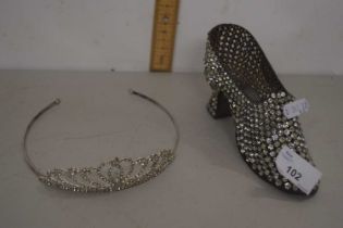Modern metal framed tiara and a novelty paste set model shoe