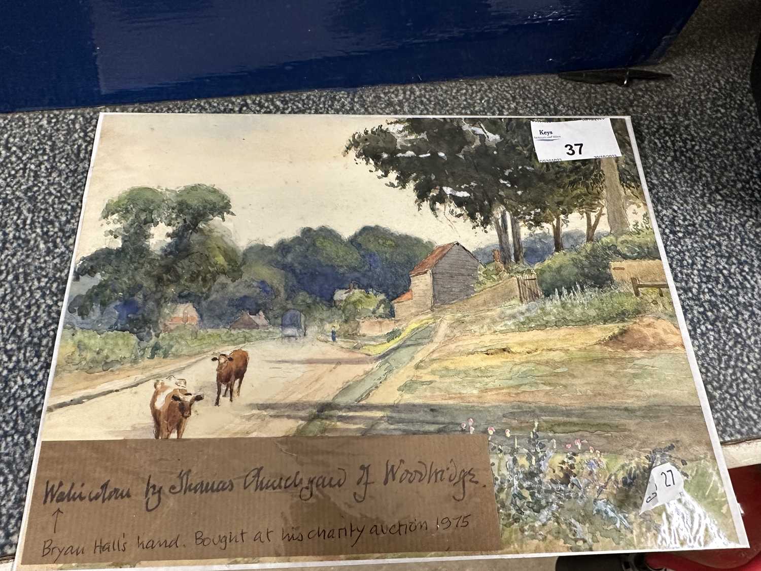 Small watercolour attributed to Thomas Churchyard of Woodbridge, figures and cattle on a country
