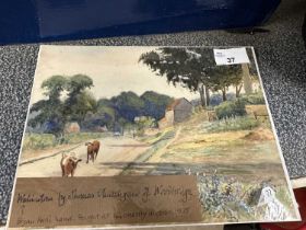 Small watercolour attributed to Thomas Churchyard of Woodbridge, figures and cattle on a country