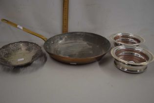 Mixed Lot: Pair of silver plated coasters, a copper frying pan and a further silver plated dish