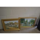 Contemporary school, two oil studies of Tudor cottages and a boating scene, both gilt framed