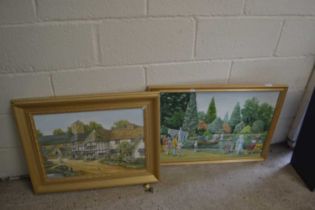 Contemporary school, two oil studies of Tudor cottages and a boating scene, both gilt framed