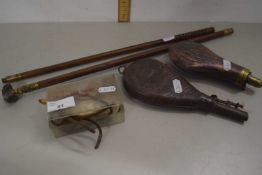 Mixed Lot: Copper powder flask (split), a pressed leather shot flask, two gun cleaning rods and