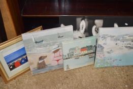 Mixed Lot: Modern studies on canvas of various coastal scenes, photographic print of donkeys etc