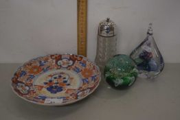 Mixed Lot: Late 19th Century Japanese Imari dish, a glass sugar sifter, and two Art Glass