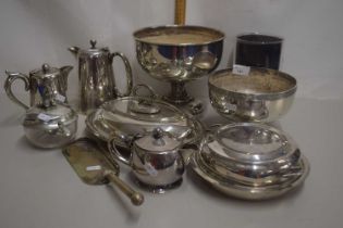 Mixed Lot: Various silver plated serving dishes, tea wares etc